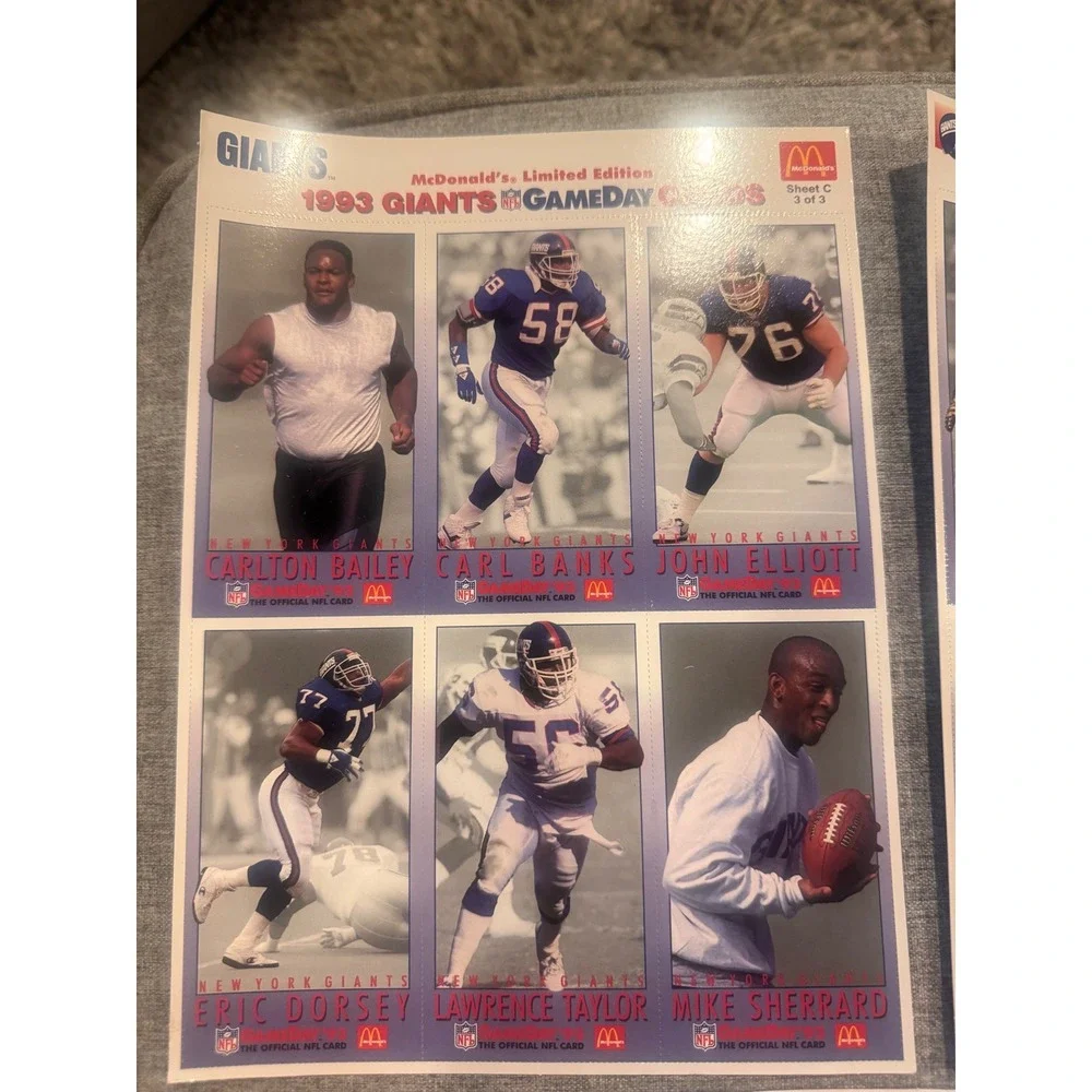 1993 McDonald's New York‎ Giants Gameday Cards Complete Uncut 3 Sheet Set